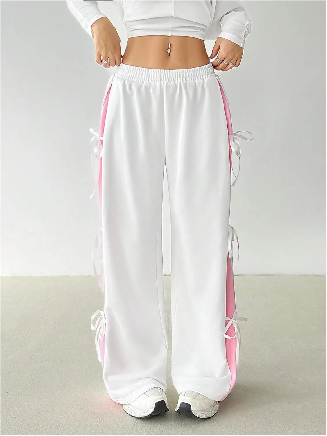 MakeMeChic Women's Y2K Elastic Waist Wide Leg Pants Casual Colorblock Bow Knot Sweatpants
