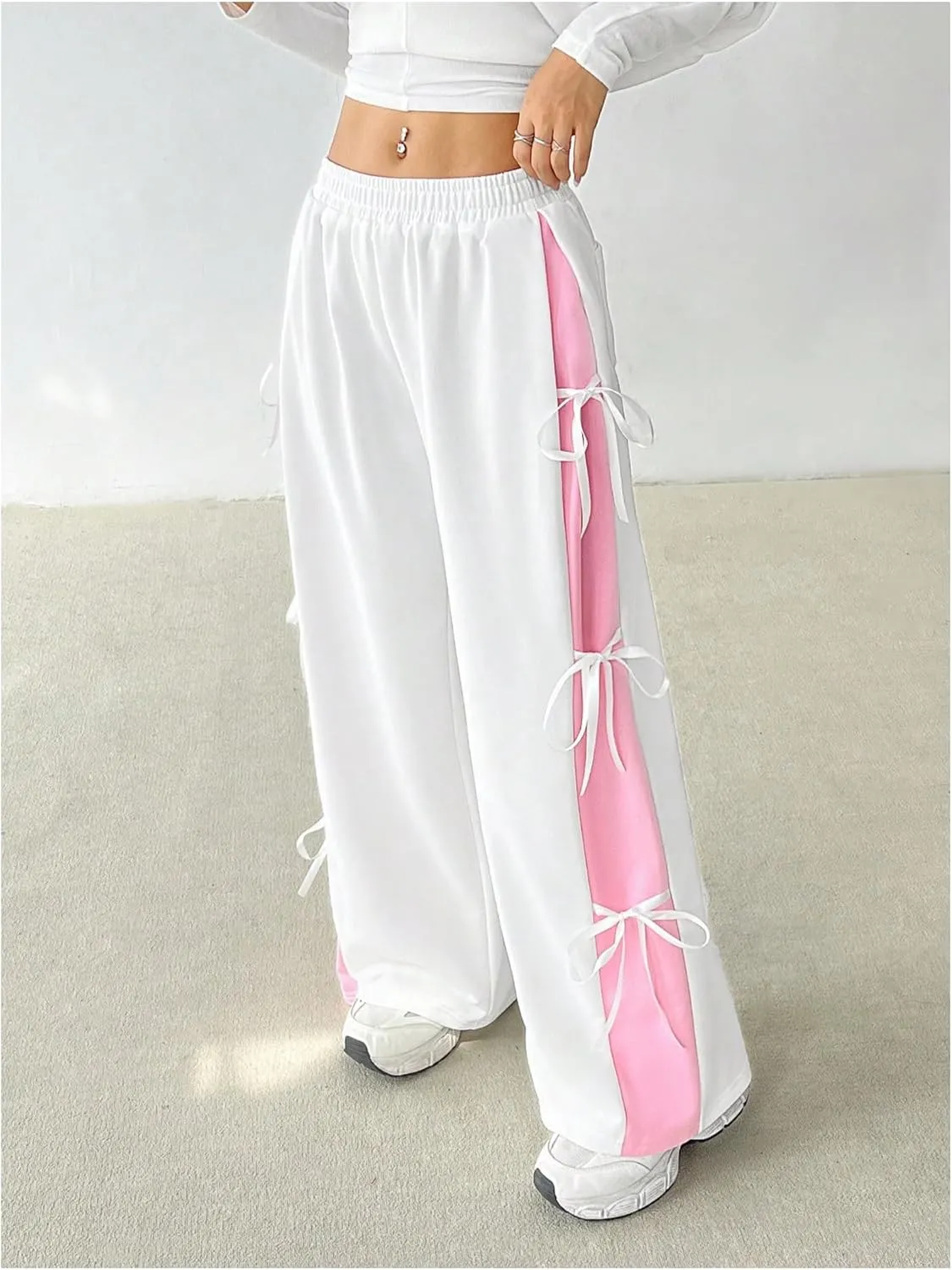 MakeMeChic Women's Y2K Elastic Waist Wide Leg Pants Casual Colorblock Bow Knot Sweatpants