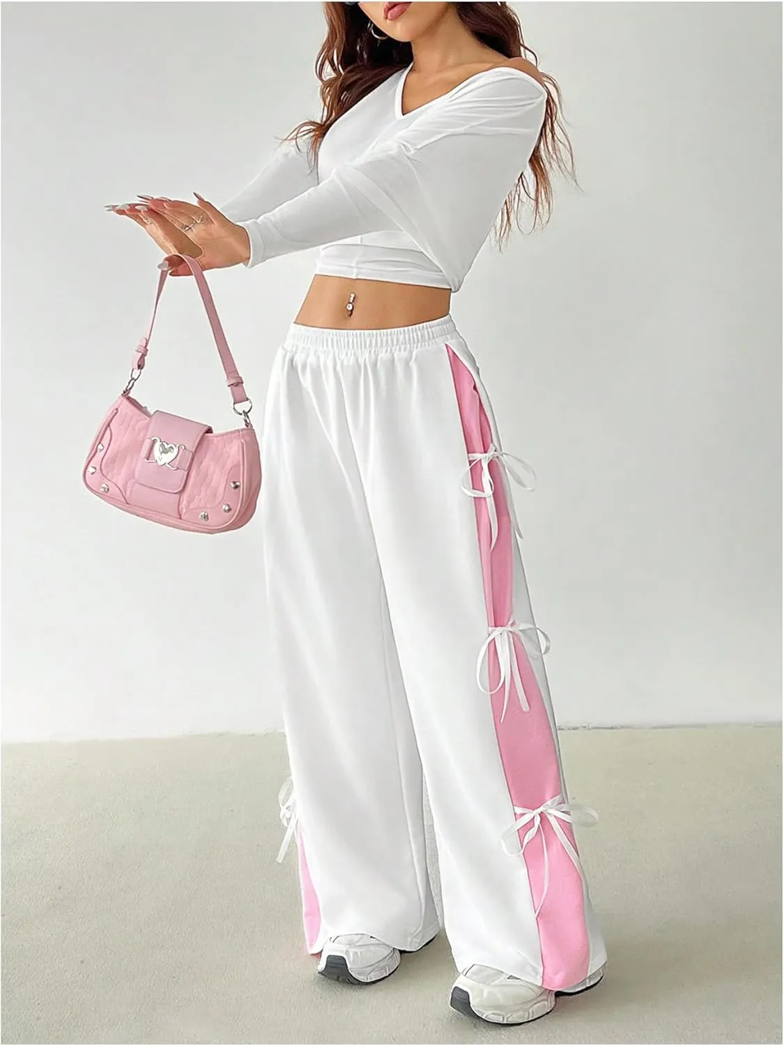 MakeMeChic Women's Y2K Elastic Waist Wide Leg Pants Casual Colorblock Bow Knot Sweatpants