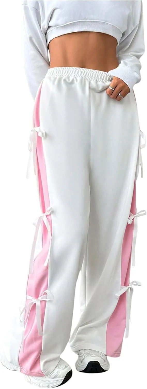 MakeMeChic Women's Y2K Elastic Waist Wide Leg Pants Casual Colorblock Bow Knot Sweatpants