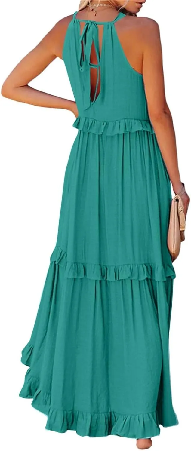 Maxi Dresses for Women 2025 Summer Smocked Ruffle Sundress Tiered Beach Dress Flowy Halter Sleeveless Long Dress