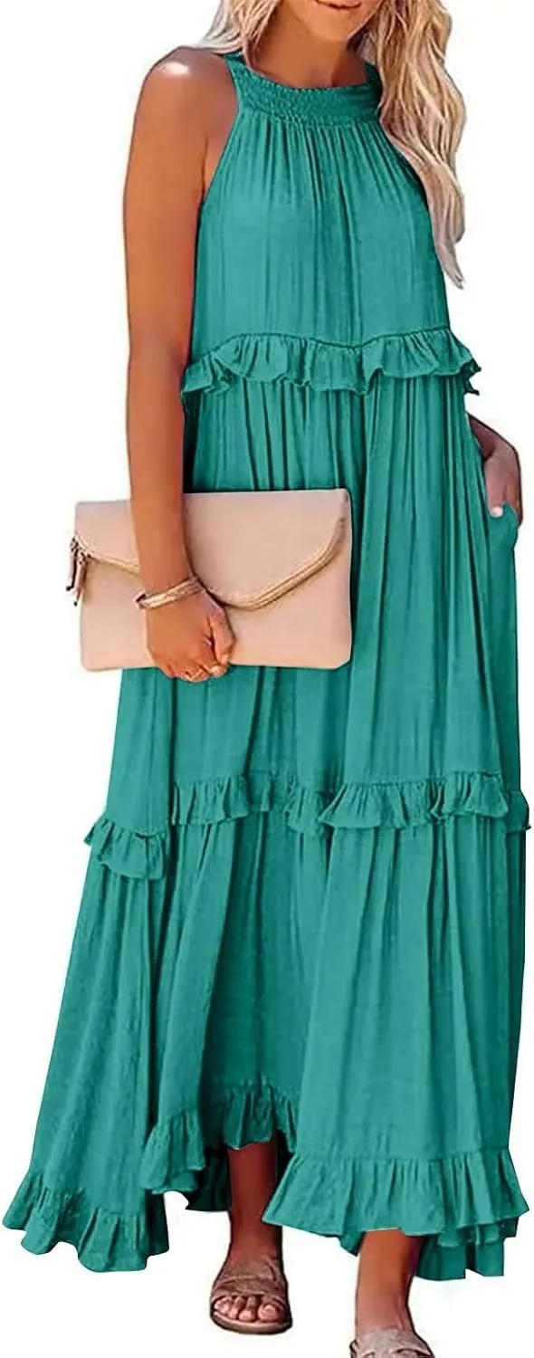 Maxi Dresses for Women 2025 Summer Smocked Ruffle Sundress Tiered Beach Dress Flowy Halter Sleeveless Long Dress