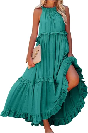 Maxi Dresses for Women 2025 Summer Smocked Ruffle Sundress Tiered Beach Dress Flowy Halter Sleeveless Long Dress