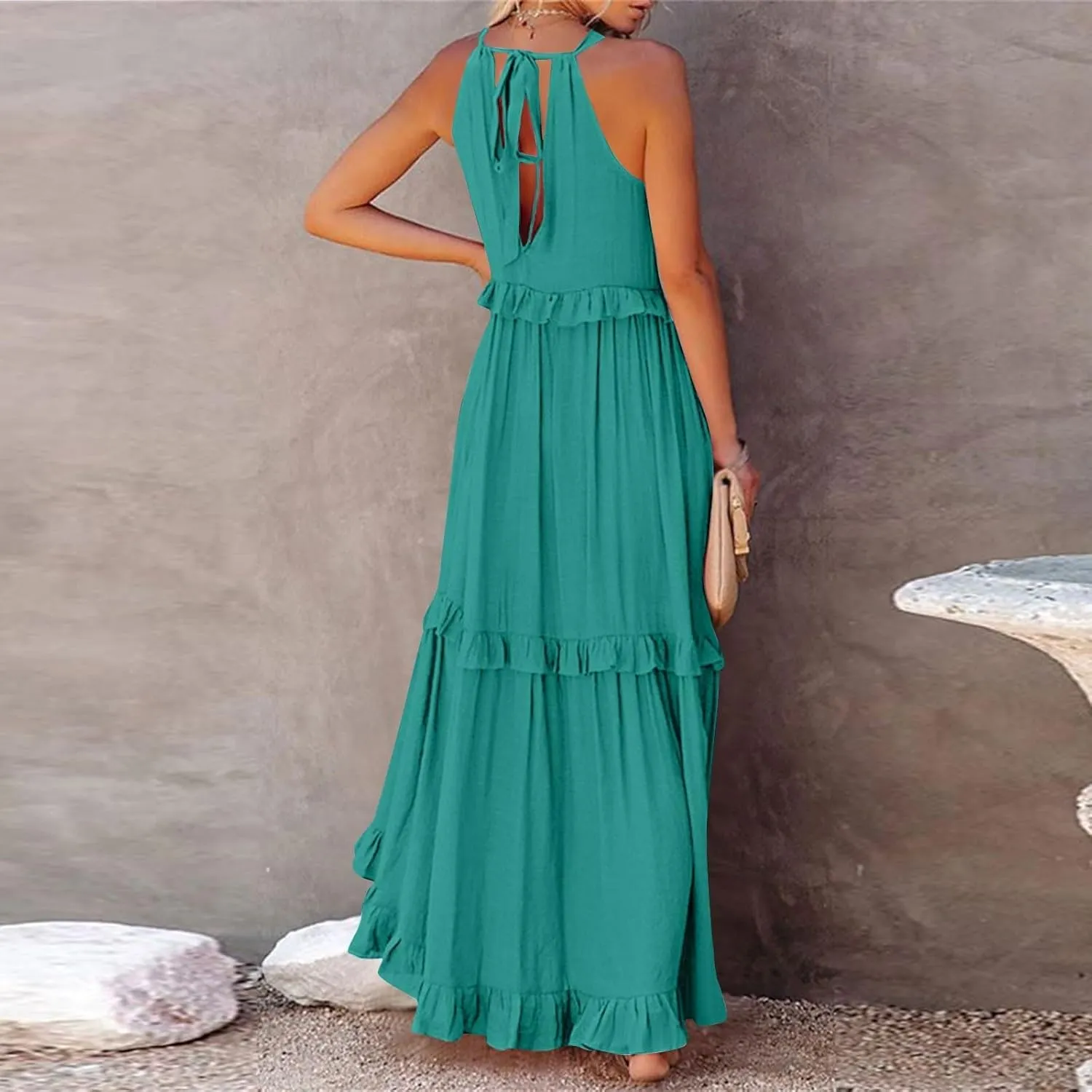Maxi Dresses for Women 2025 Summer Smocked Ruffle Sundress Tiered Beach Dress Flowy Halter Sleeveless Long Dress