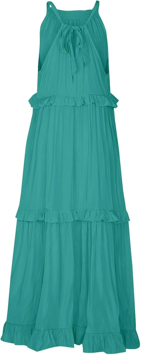 Maxi Dresses for Women 2025 Summer Smocked Ruffle Sundress Tiered Beach Dress Flowy Halter Sleeveless Long Dress