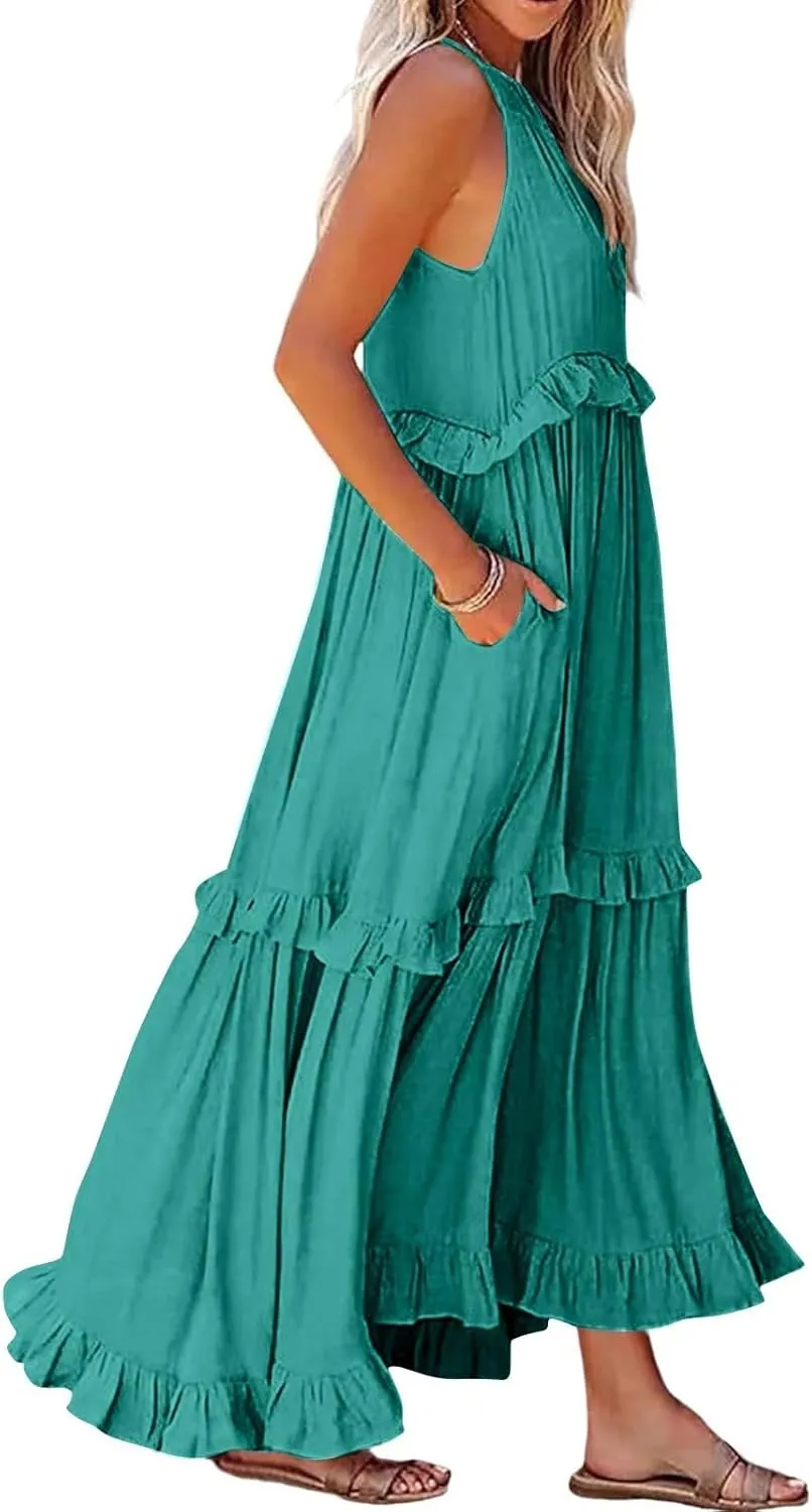 Maxi Dresses for Women 2025 Summer Smocked Ruffle Sundress Tiered Beach Dress Flowy Halter Sleeveless Long Dress