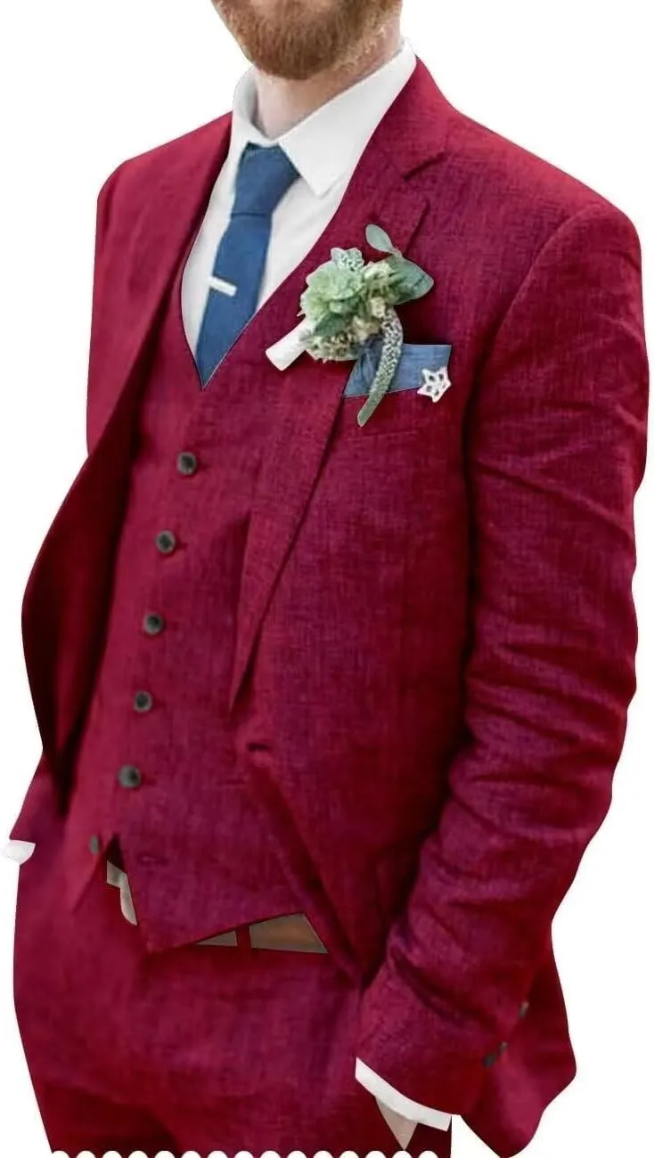 Mens 3 Pieces Summer Linen Suit Beach Wedding Suits Slim Fit Casual Linen Lightweight Suits Jacket Blazer Vest Pants