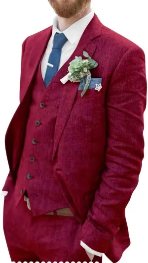 Mens 3 Pieces Summer Linen Suit Beach Wedding Suits Slim Fit Casual Linen Lightweight Suits Jacket Blazer Vest Pants