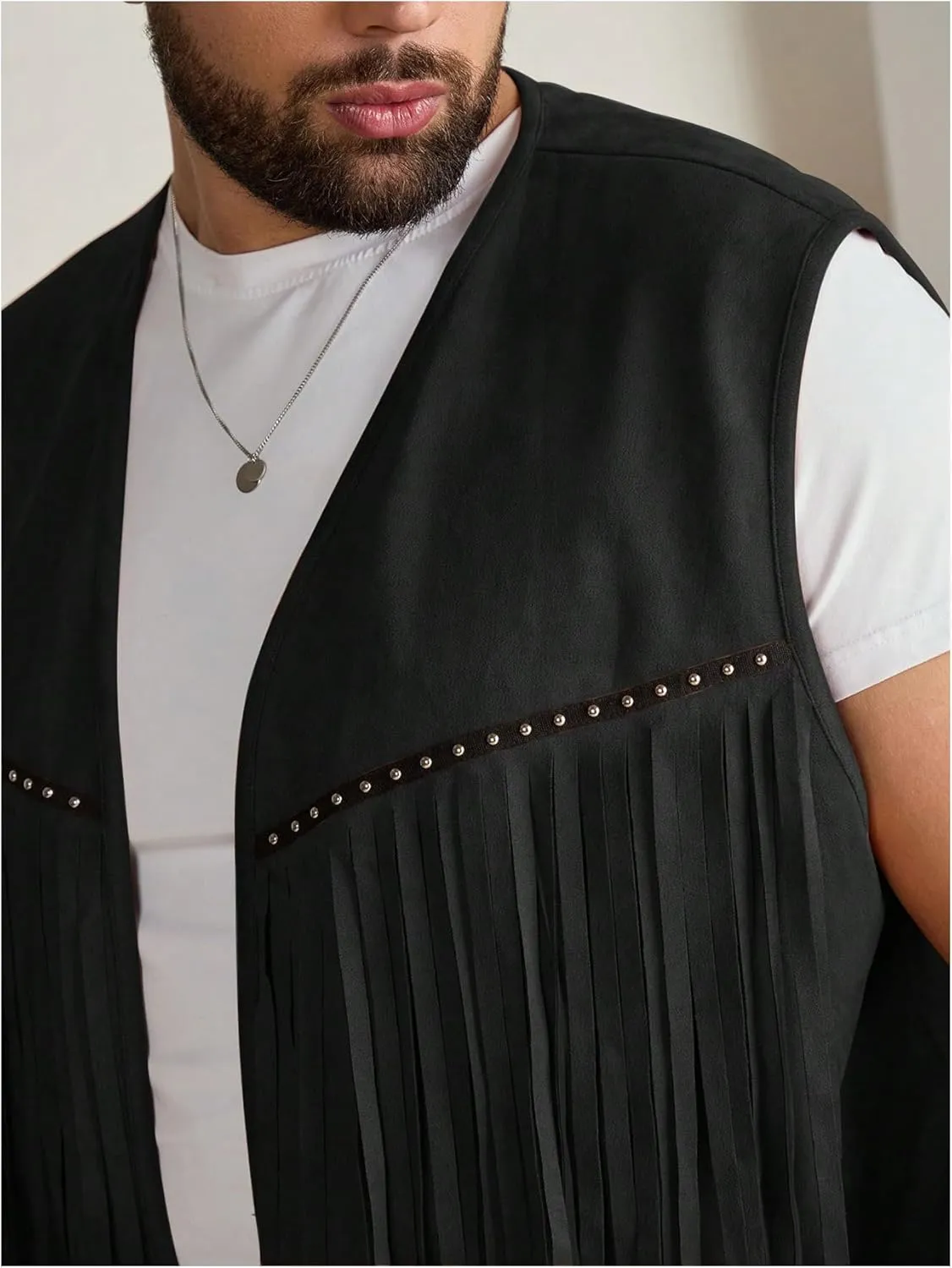 Men's Big and Tall Fringe Hem Sleeveless Vest Jacket 70s Hippie Faux Suede Western Cowboy Vest Waistcoat