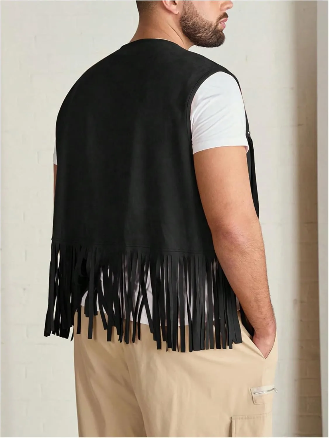 Men's Big and Tall Fringe Hem Sleeveless Vest Jacket 70s Hippie Faux Suede Western Cowboy Vest Waistcoat