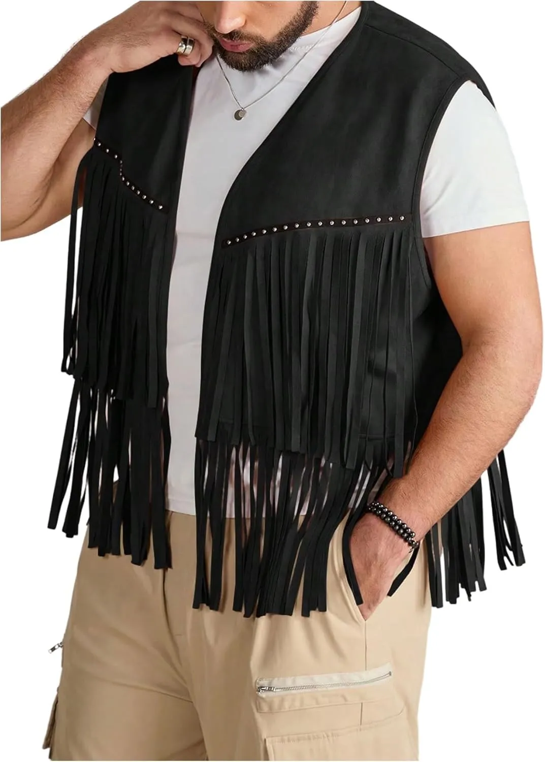 Men's Big and Tall Fringe Hem Sleeveless Vest Jacket 70s Hippie Faux Suede Western Cowboy Vest Waistcoat