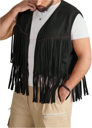 Men's Big and Tall Fringe Hem Sleeveless Vest Jacket 70s Hippie Faux Suede Western Cowboy Vest Waistcoat