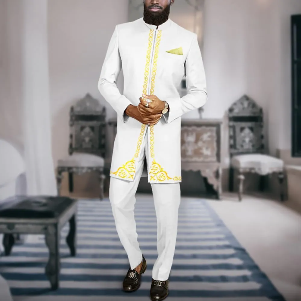 Men`s Suit African Clothes Embroidery Blazer and Pants 2 Piece Set Formal Outfits Dashiki Attire