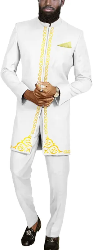 Men`s Suit African Clothes Embroidery Blazer and Pants 2 Piece Set Formal Outfits Dashiki Attire