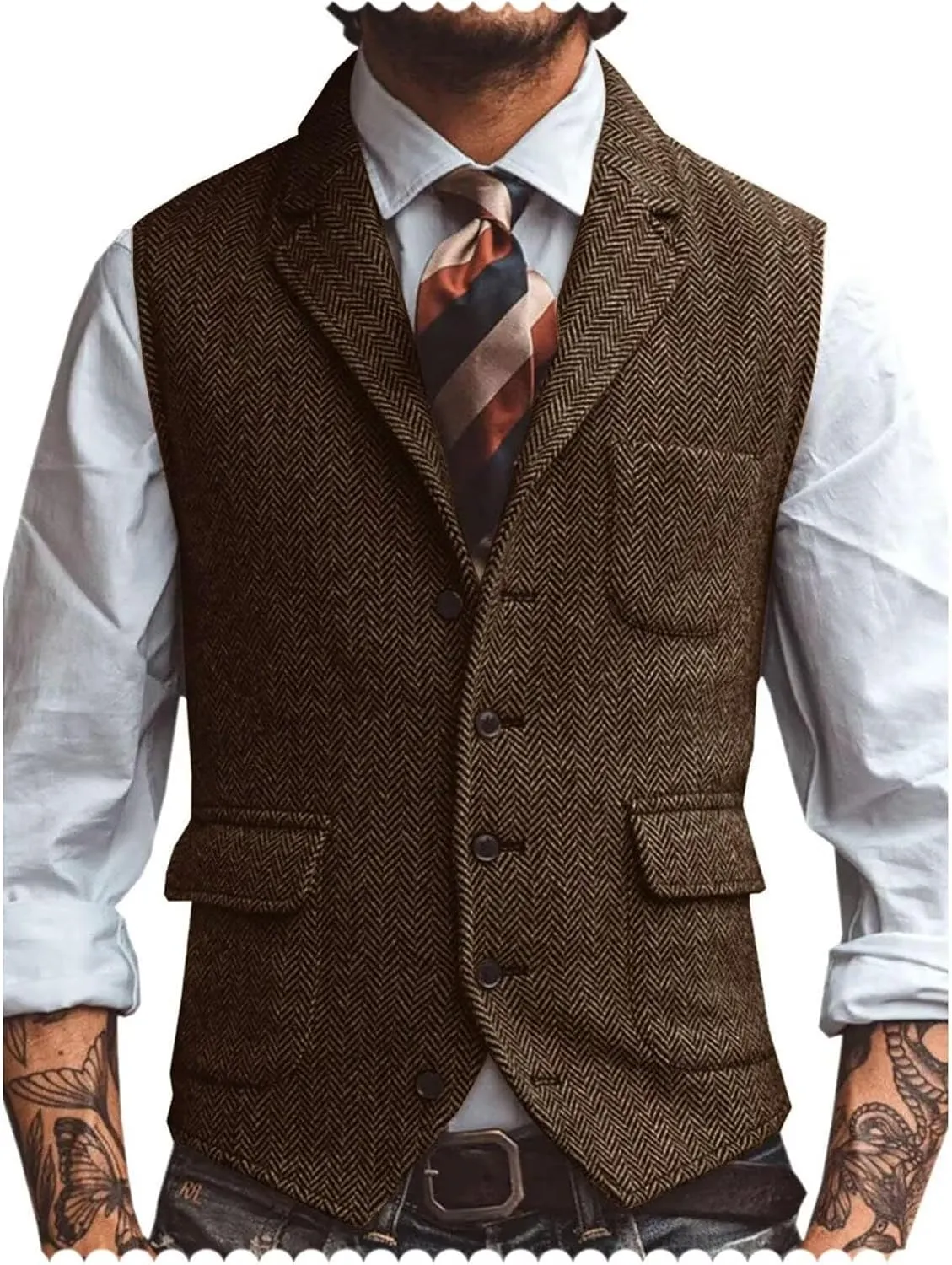 Men's Suit Vest Lapel Herringbone Tweed Business Formal Dress Waistcoat