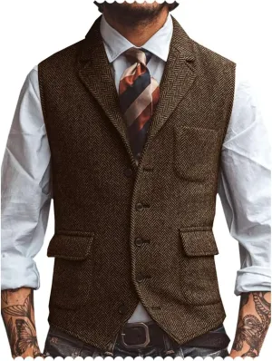 Men's Suit Vest Lapel Herringbone Tweed Business Formal Dress Waistcoat