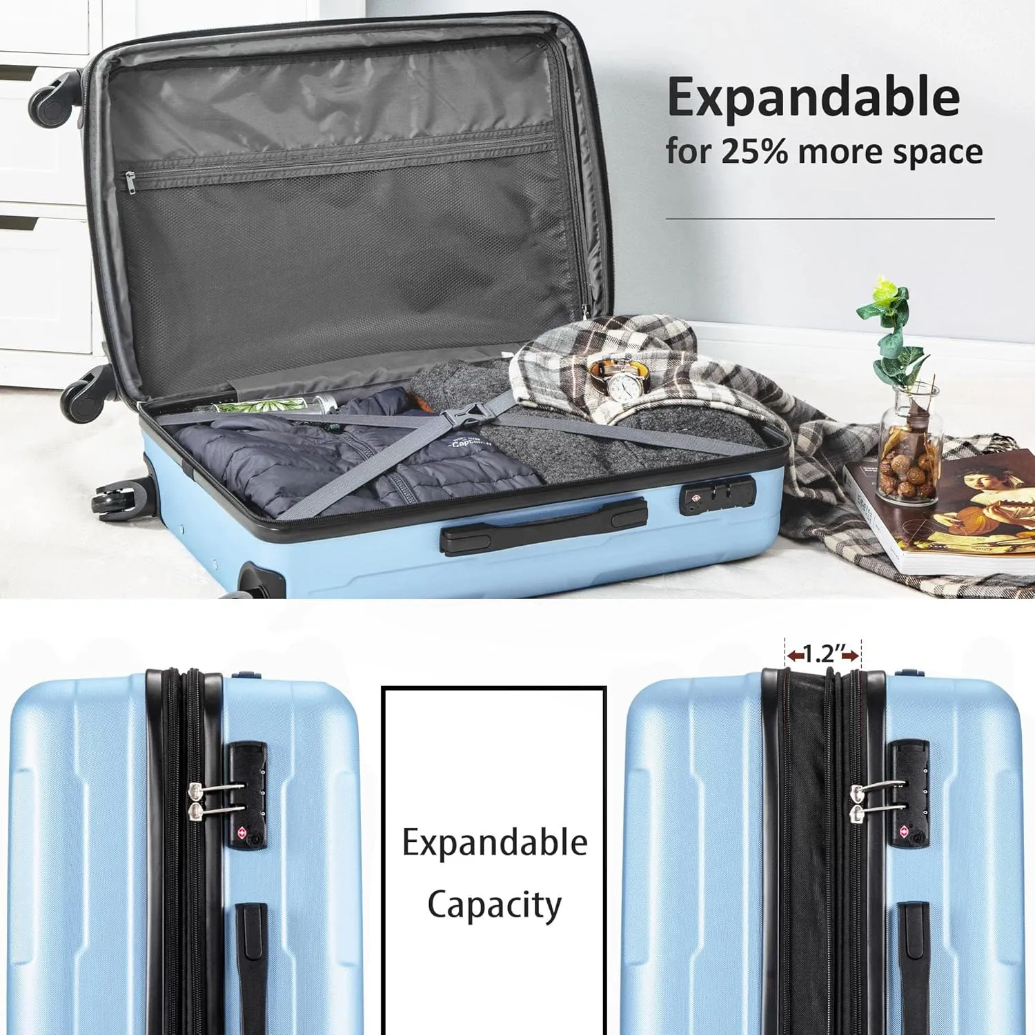 Merax Expandable Spinner Wheel 2 Piece Luggage Set ABS Lightweight Suitcase with TSA Lock, 20inch 24inch, Light Blue