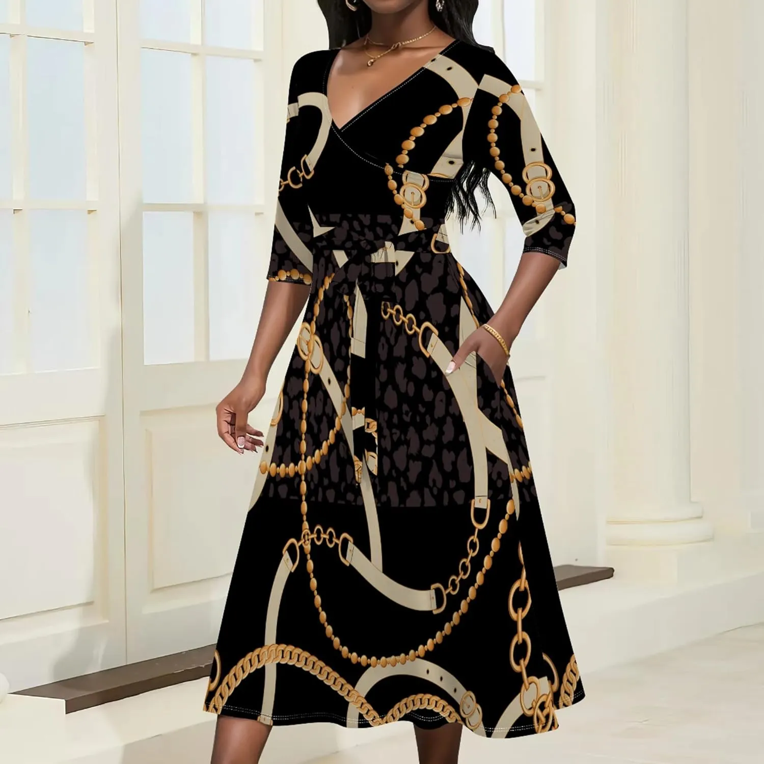 Midi Dresses for Women 3/4 Sleeve V Neck High Waist Casual Flared Wrap Belt Trendy with Pockets A-Line Cocktail Party Dress