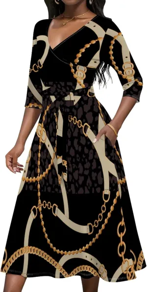 Midi Dresses for Women 3/4 Sleeve V Neck High Waist Casual Flared Wrap Belt Trendy with Pockets A-Line Cocktail Party Dress