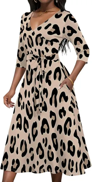 Midi Dresses for Women 3/4 Sleeve V Neck High Waist Casual Flared Wrap Belt Trendy with Pockets A-Line Cocktail Party Dress
