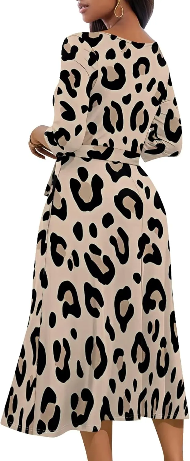 Midi Dresses for Women 3/4 Sleeve V Neck High Waist Casual Flared Wrap Belt Trendy with Pockets A-Line Cocktail Party Dress