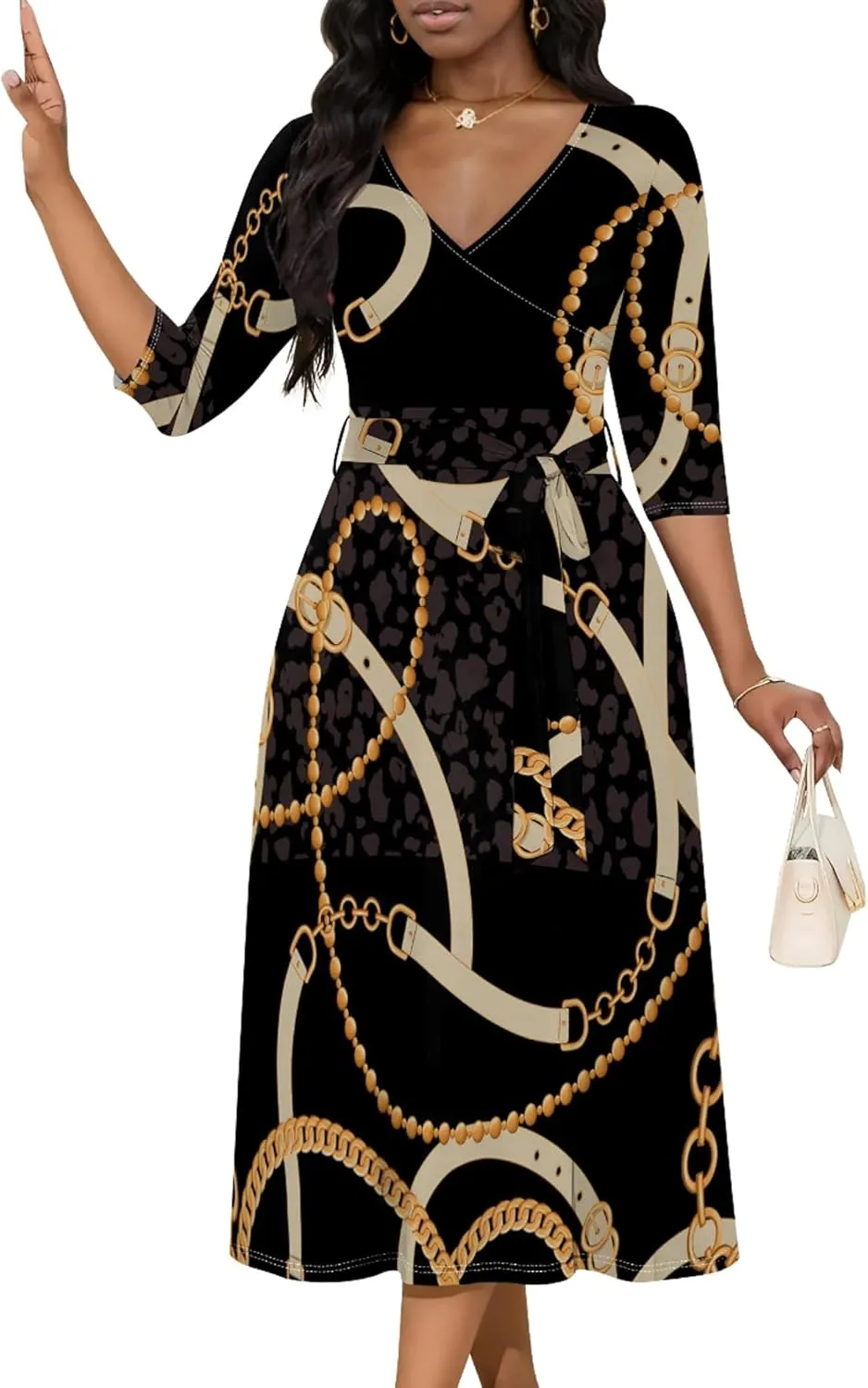 Midi Dresses for Women 3/4 Sleeve V Neck High Waist Casual Flared Wrap Belt Trendy with Pockets A-Line Cocktail Party Dress