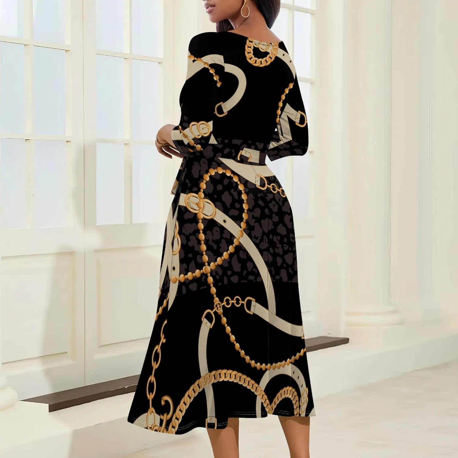 Midi Dresses for Women 3/4 Sleeve V Neck High Waist Casual Flared Wrap Belt Trendy with Pockets A-Line Cocktail Party Dress
