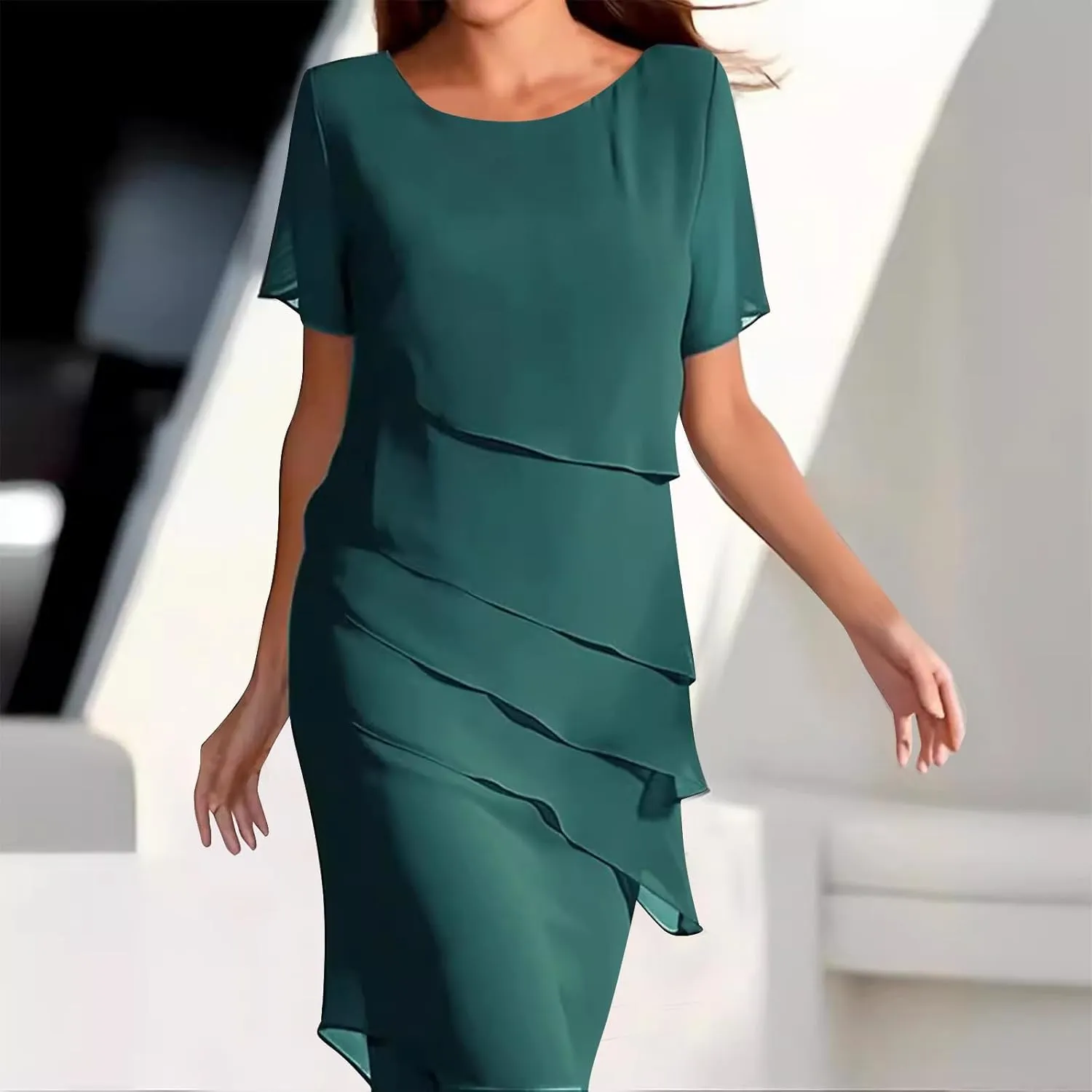 Mother of The Bride Dress for Wedding Summer Flowy Tiered Chiffon Ruffle Midi Evening Gown Mother Groom Dresses