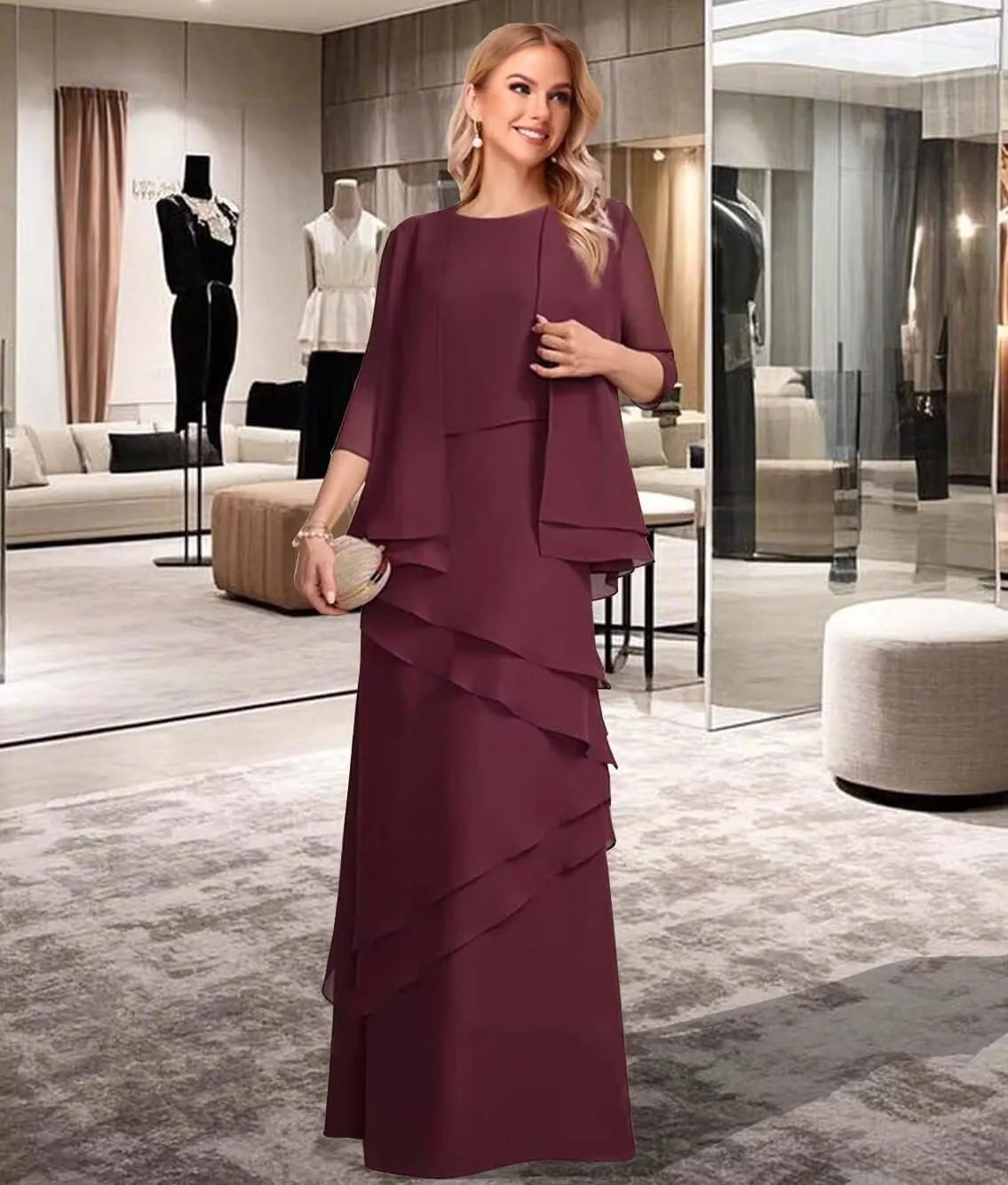 Mother of The Bride Dresses with Jacket Chiffon Ruffles Wedding Guest Dresses for Women Long Formal Evening Gowns