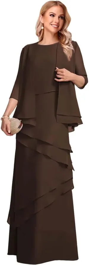Mother of The Bride Dresses with Jacket Chiffon Ruffles Wedding Guest Dresses for Women Long Formal Evening Gowns