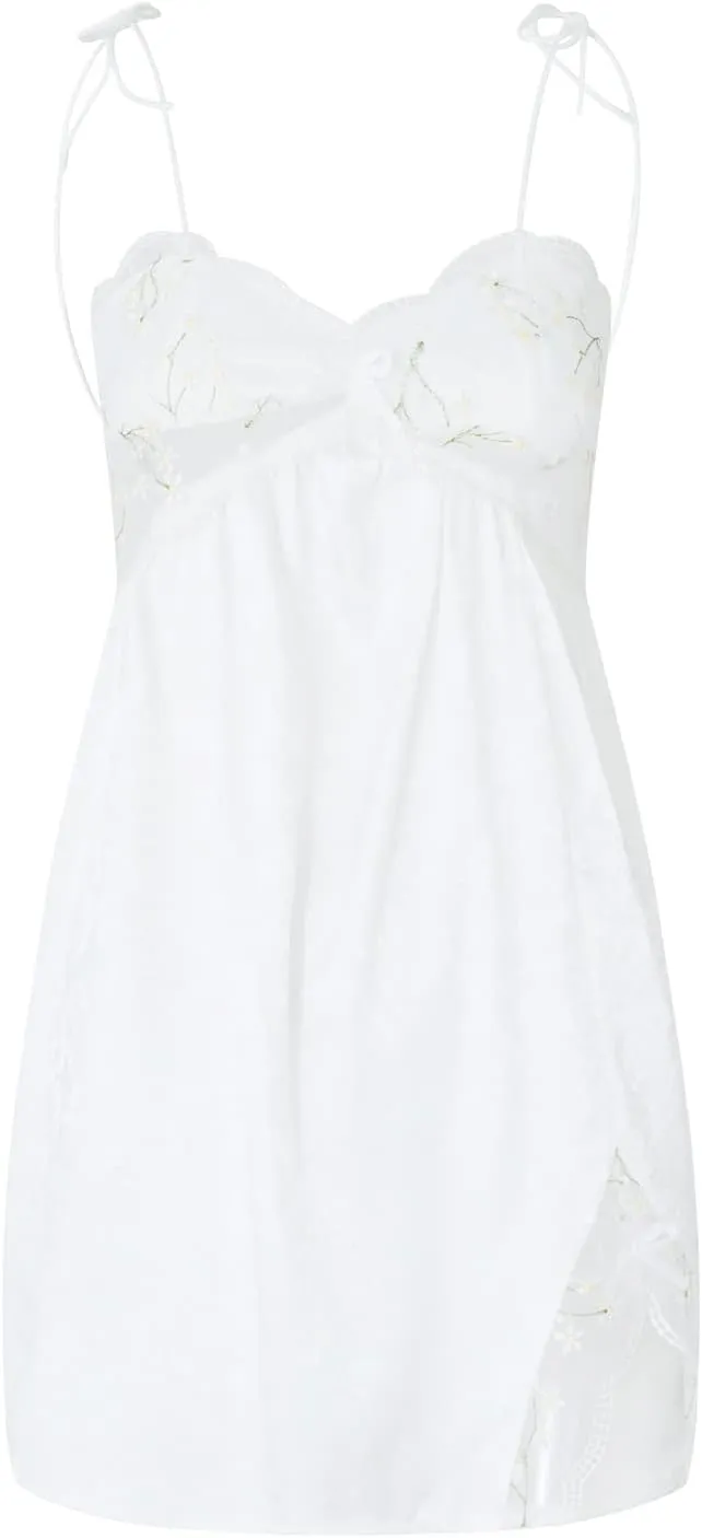 Nituyy White Mini Dress for Women Ruffle A Line Graduation Short Dresses Spaghetti Strap Concert Prom Party Beach Y2K Dress