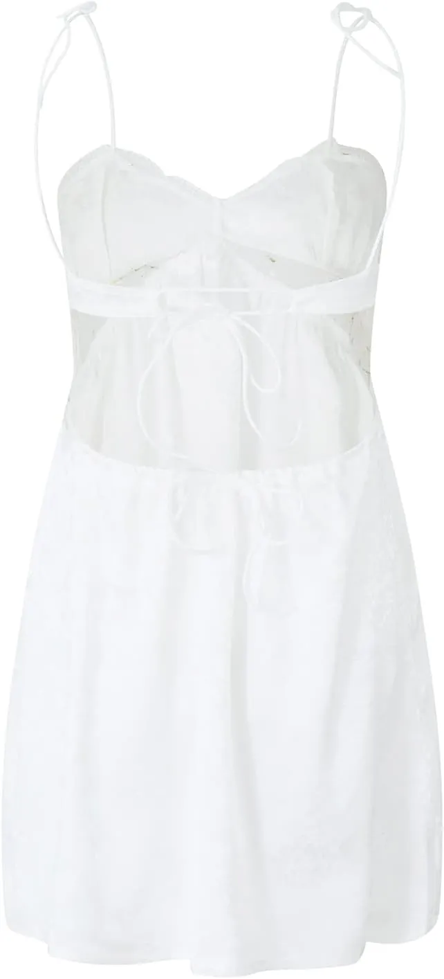 Nituyy White Mini Dress for Women Ruffle A Line Graduation Short Dresses Spaghetti Strap Concert Prom Party Beach Y2K Dress