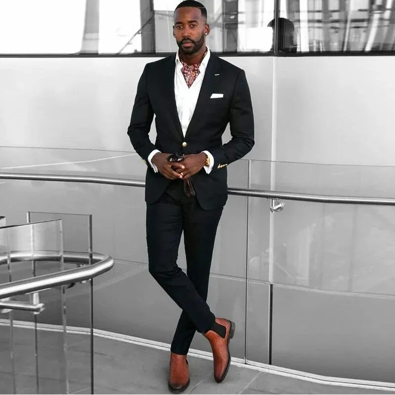 Nukty Costume Black Wedding Tuxedos Peaked Lapel Slim Fit One Button Groom Wear Formal Party Prom Men Suit Blazer (Jacket Pants)
