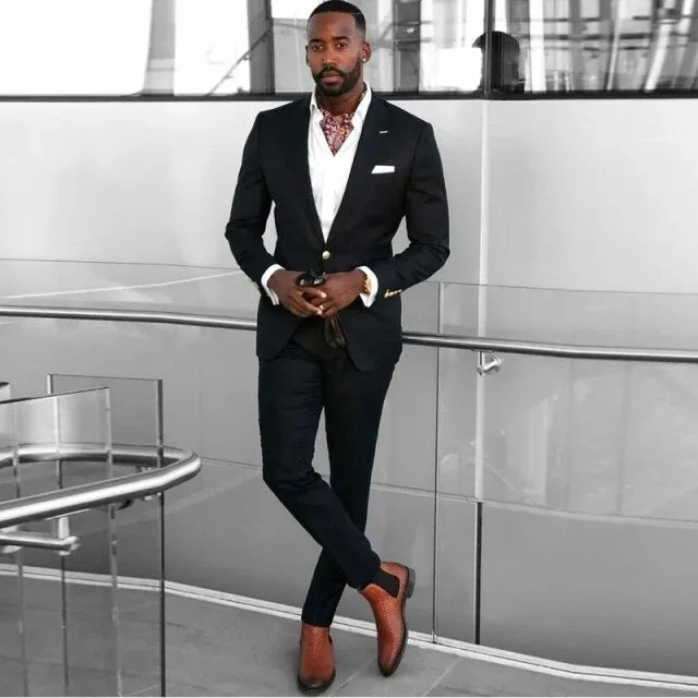Nukty Costume Black Wedding Tuxedos Peaked Lapel Slim Fit One Button Groom Wear Formal Party Prom Men Suit Blazer (Jacket Pants)