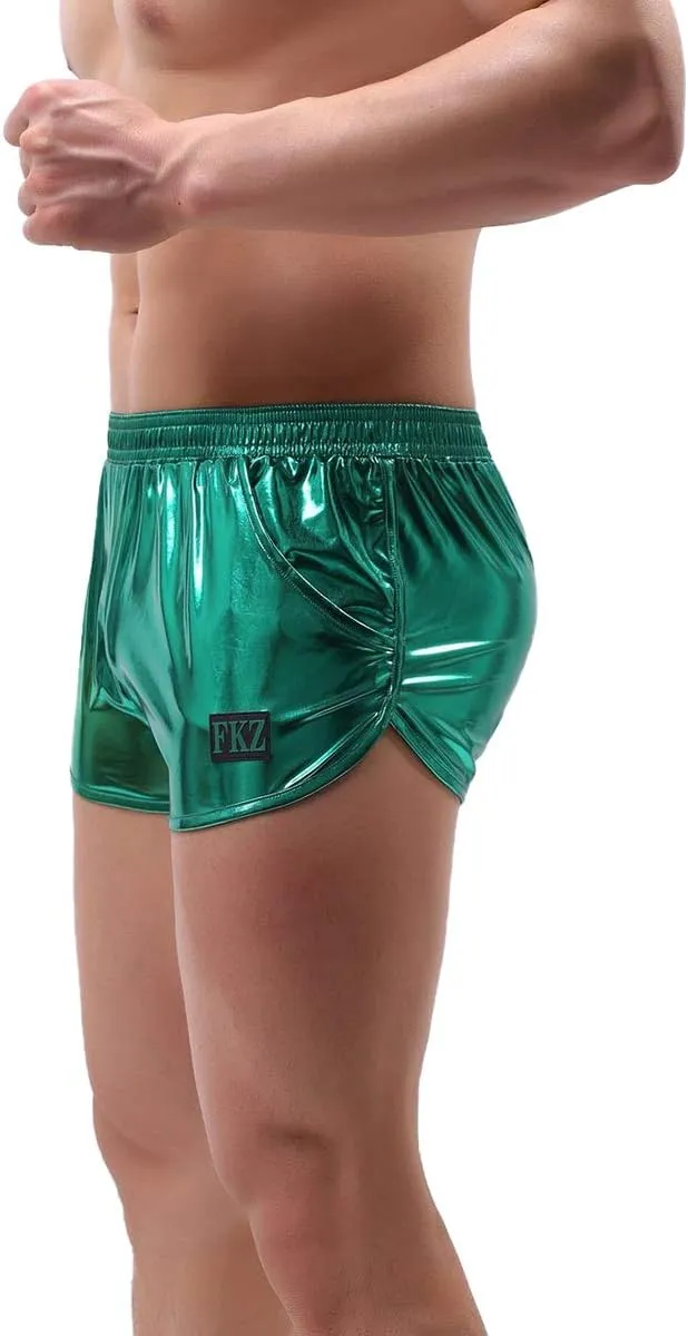 ODASDO Men Faux Leather Holographic Shiny Metallic Boxer Shorts Briefs Underwear Swim Trunk For Rave Dance Party Clubwear