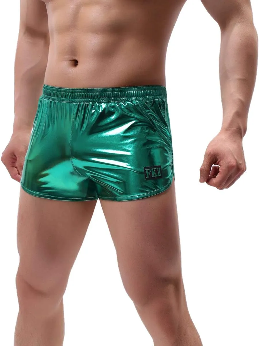 ODASDO Men Faux Leather Holographic Shiny Metallic Boxer Shorts Briefs Underwear Swim Trunk For Rave Dance Party Clubwear