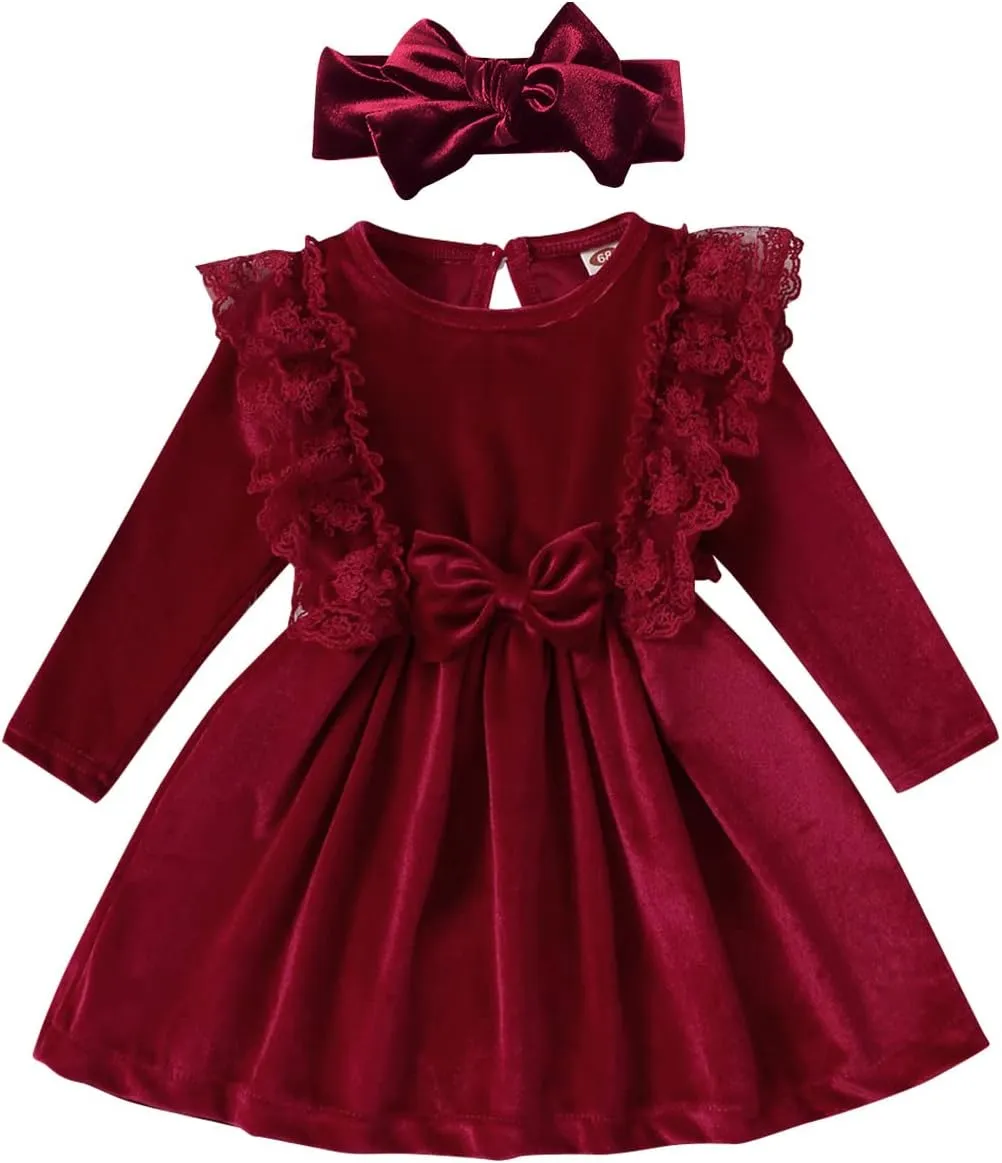 ODIZLI Baby Girls Velvet Dress Long Sleeve Ruffle Fall Winter Clothings