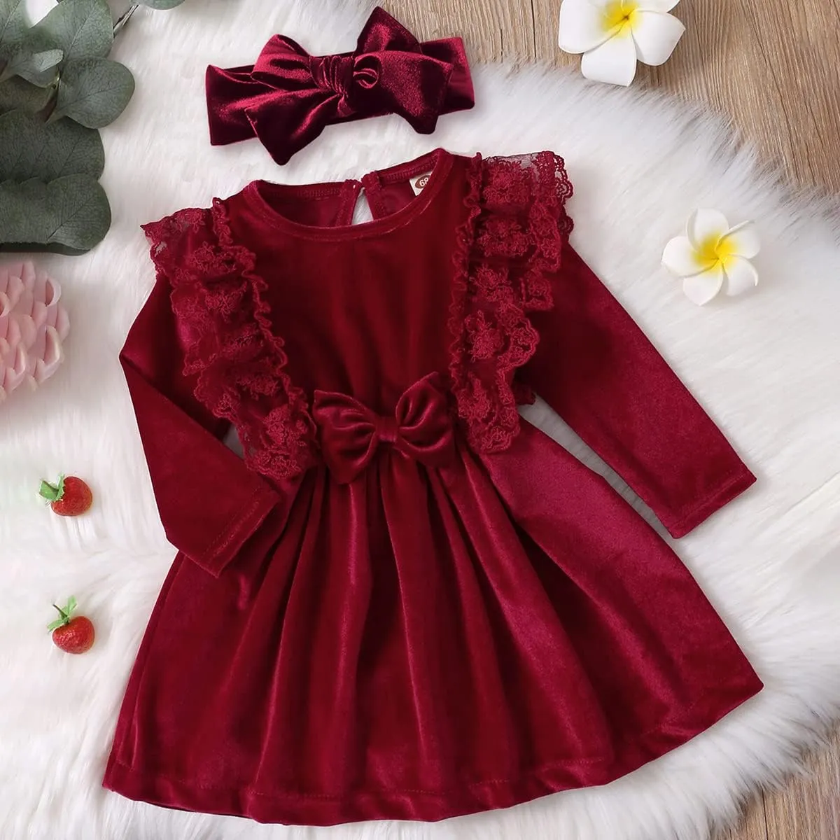 ODIZLI Baby Girls Velvet Dress Long Sleeve Ruffle Fall Winter Clothings