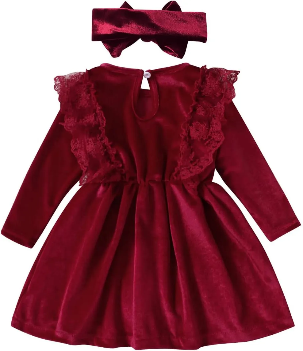 ODIZLI Baby Girls Velvet Dress Long Sleeve Ruffle Fall Winter Clothings