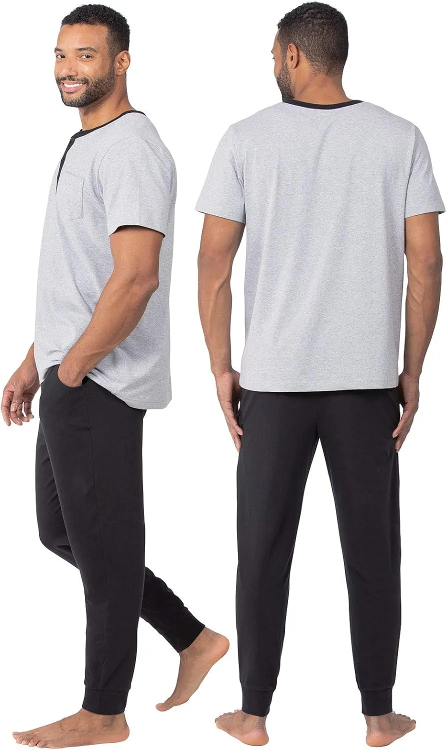 PajamaGram Mens Lightweight Jogger Pants Pajama Set - 100% Cotton PJ Sets for Men, Long Sleeve Men's Sleepwear - Men PJ Set