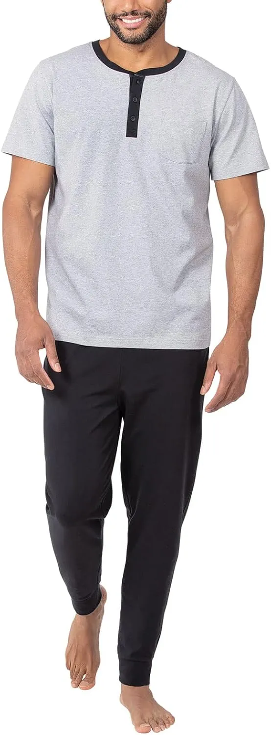 PajamaGram Mens Lightweight Jogger Pants Pajama Set - 100% Cotton PJ Sets for Men, Long Sleeve Men's Sleepwear - Men PJ Set