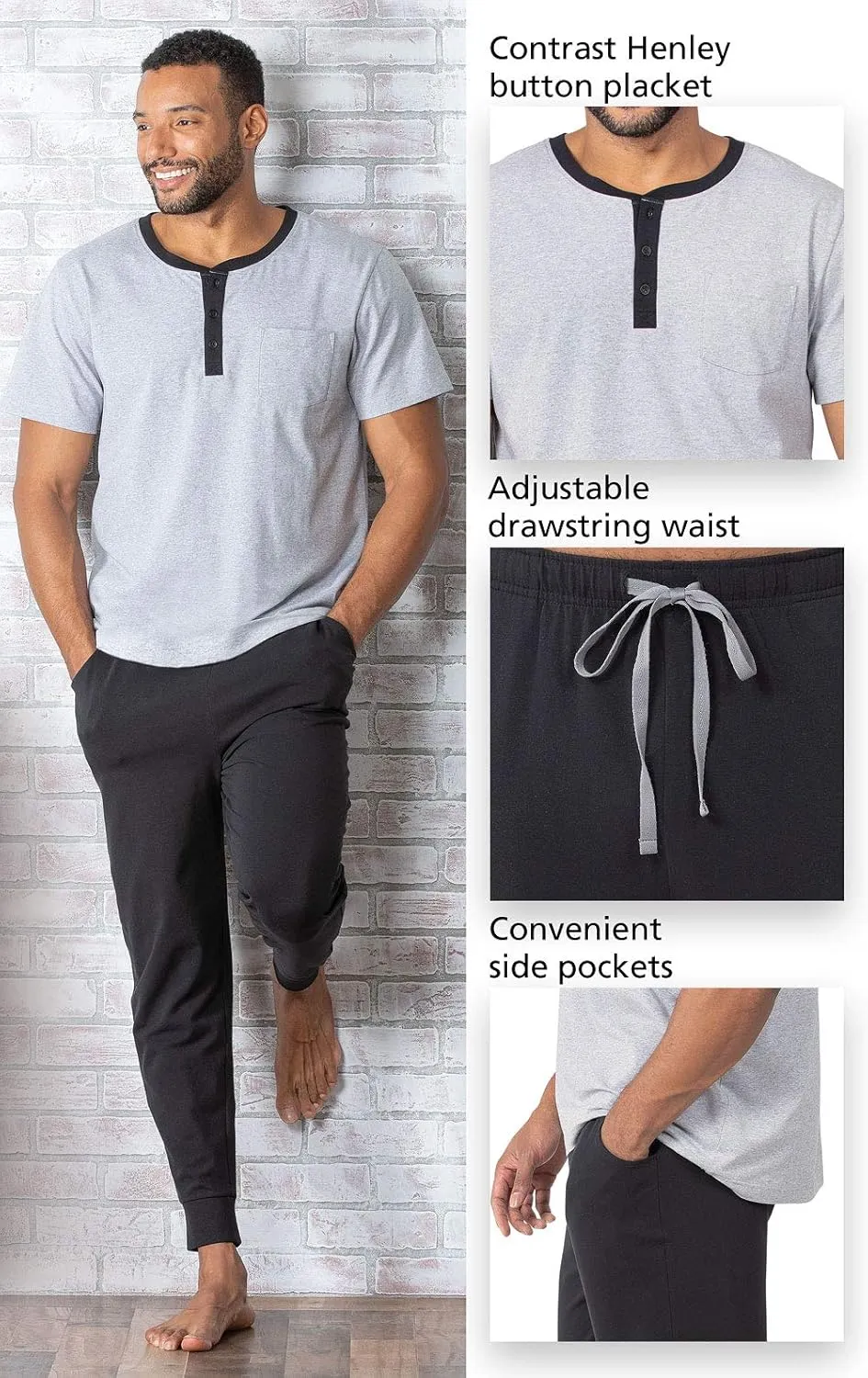 PajamaGram Mens Lightweight Jogger Pants Pajama Set - 100% Cotton PJ Sets for Men, Long Sleeve Men's Sleepwear - Men PJ Set