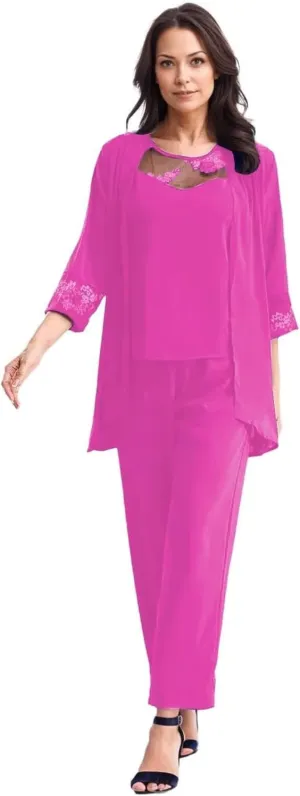 Pant Suits Mother of The Bride 3 Pieces Chiffon Formal Outfits Long Sleeve Sequin Wedding Evening Gowns