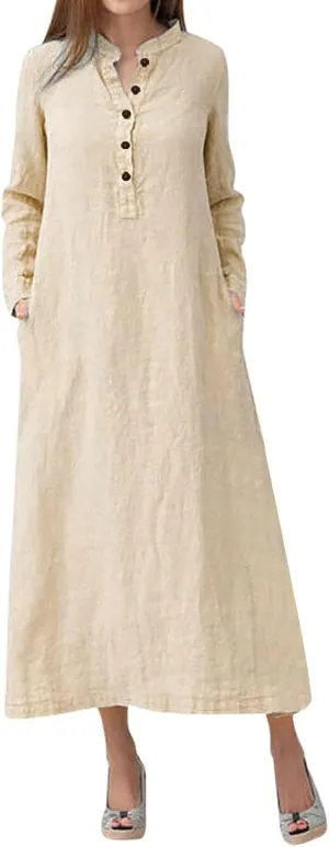 Plain Maxi Long Dress Women's Kaftan Cotton Long Sleeve Casaul Oversized Dress