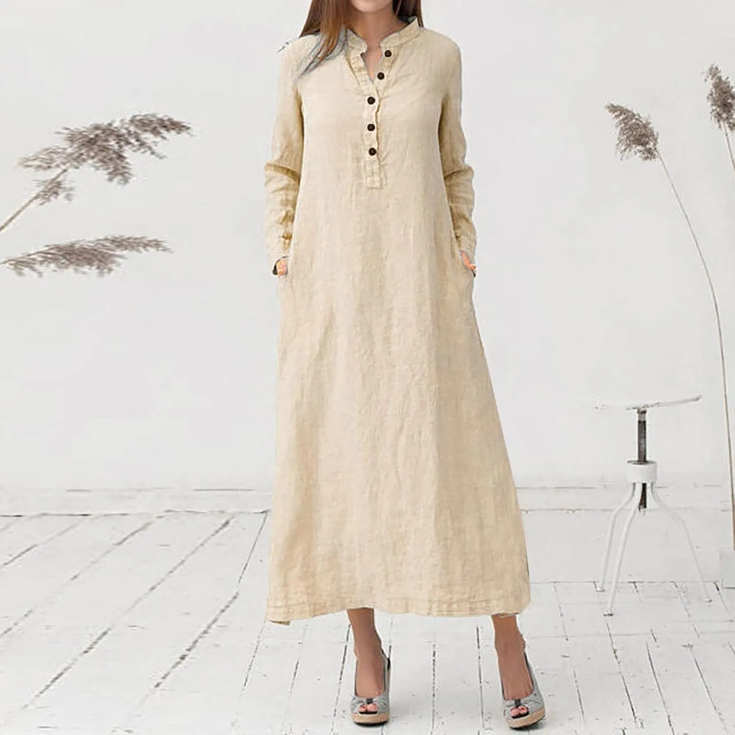 Plain Maxi Long Dress Women's Kaftan Cotton Long Sleeve Casaul Oversized Dress