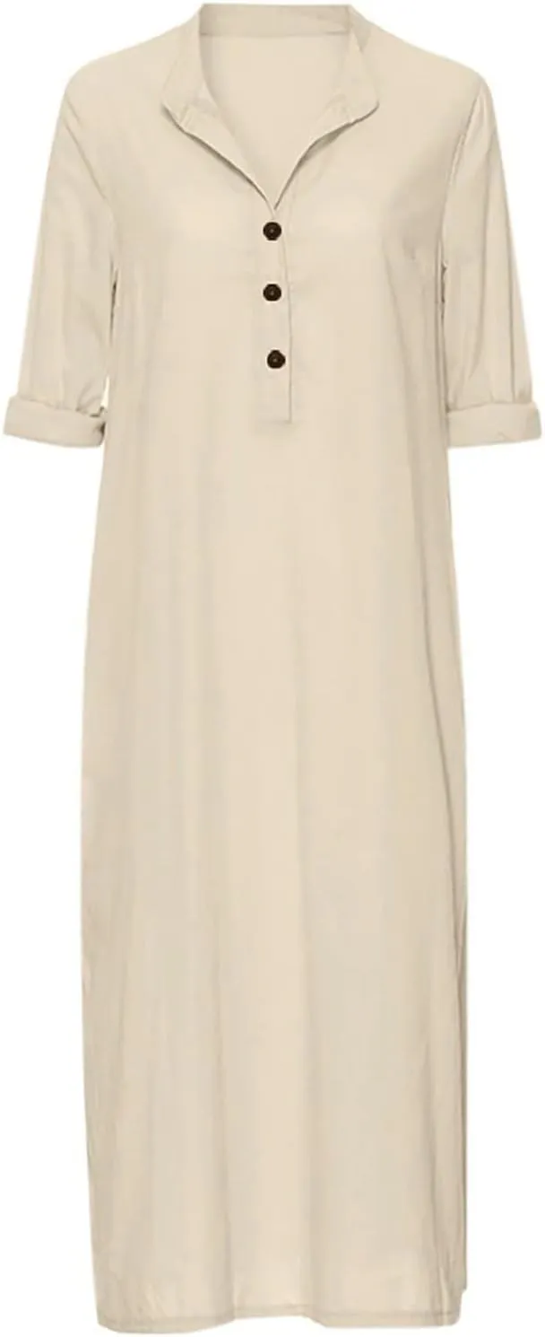 Plain Maxi Long Dress Women's Kaftan Cotton Long Sleeve Casaul Oversized Dress