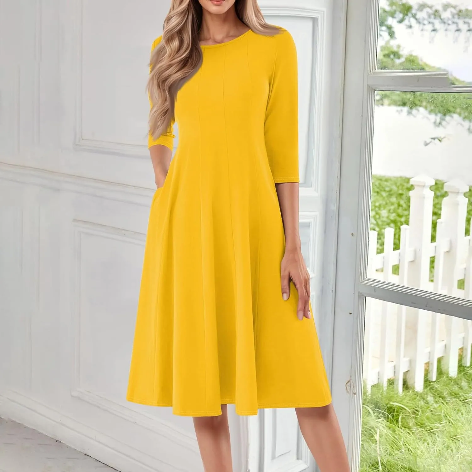 Plus Size Dresses for Curvy Women Casual Loose Trendy Crew Neck 3/4 Sleeve Solid Midi Dress Plus Size, S-3XL