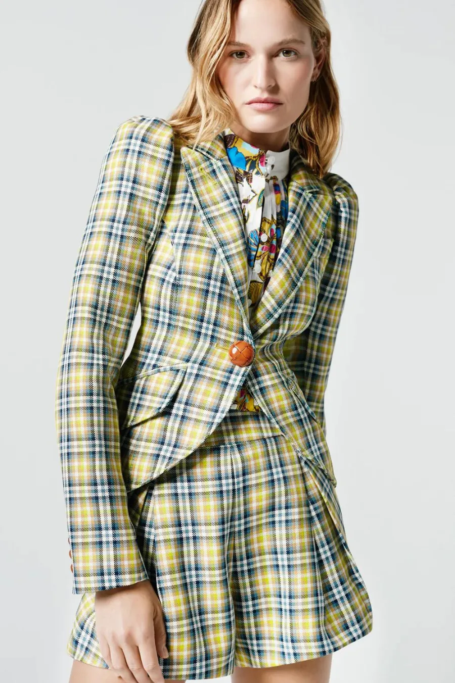Pouf Sleeve One Button Blazer Lime Plaid