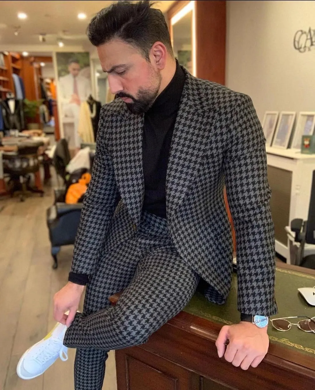 Premium Mens Big Pattern Houndstooth Dogstooth Plaid Slim Fit Tuxedo Prom Wedding Sport Coat