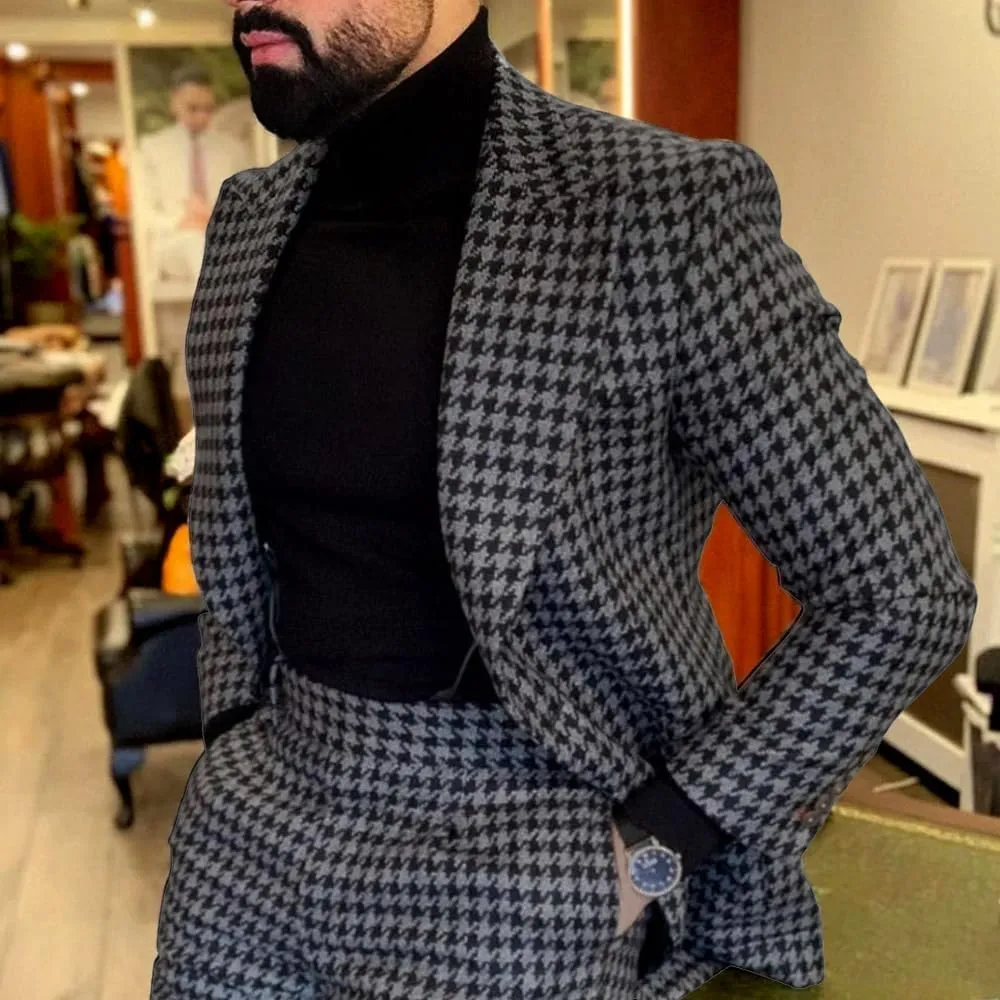 Premium Mens Big Pattern Houndstooth Dogstooth Plaid Slim Fit Tuxedo Prom Wedding Sport Coat
